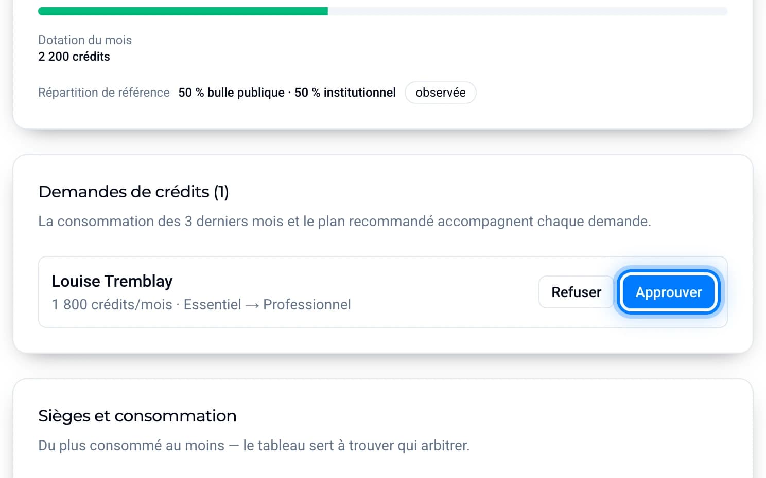 La carte Demandes de crédits de la page Crédits, où Louise Tremblay demande de passer d'Essentiel à Professionnel