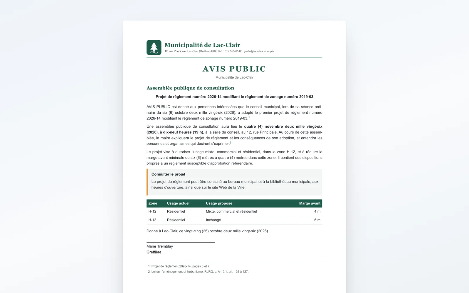 Un avis public de Lac-Clair, prêt en PDF, dans la conversation avec Eva