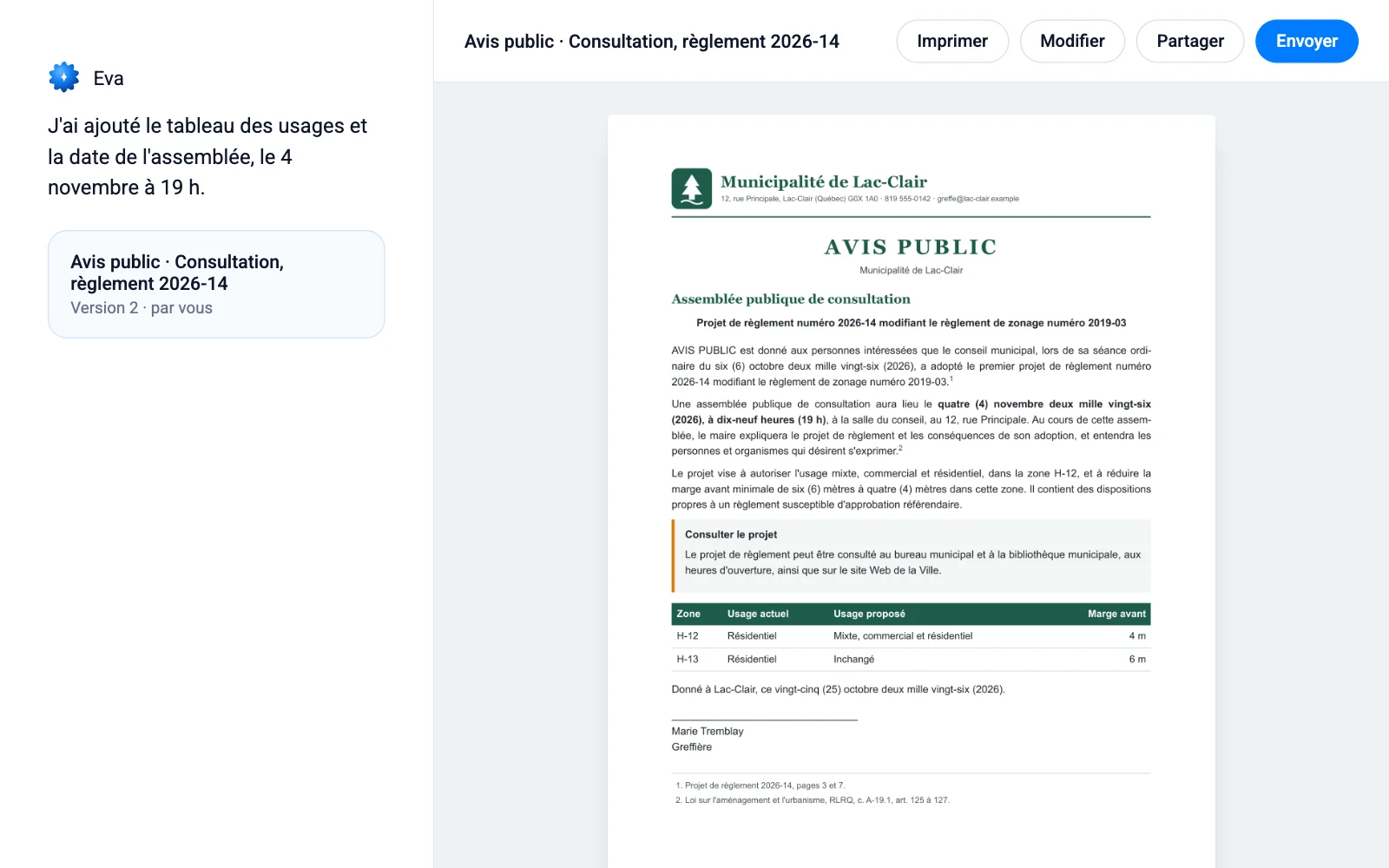 La visionneuse d'Eva montre la page de l'avis public, avec Imprimer, PDF et Word