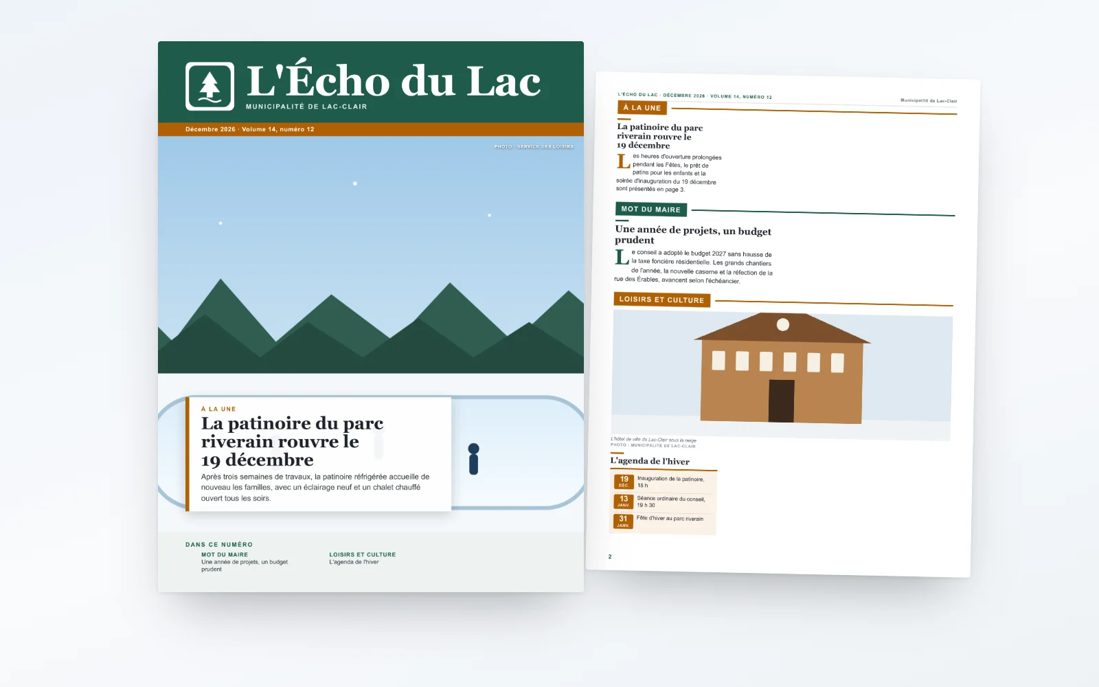 La une du journal municipal de décembre de Lac-Clair, mise en page par Eva