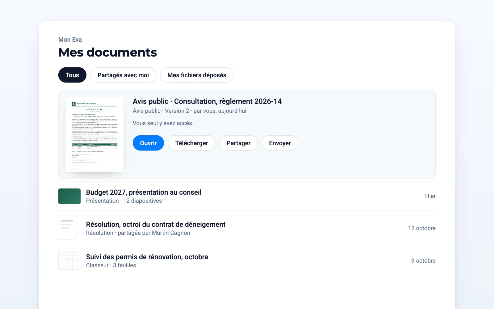 Mes documents dans Mon Eva, avec Partager et Envoyer sur chaque document