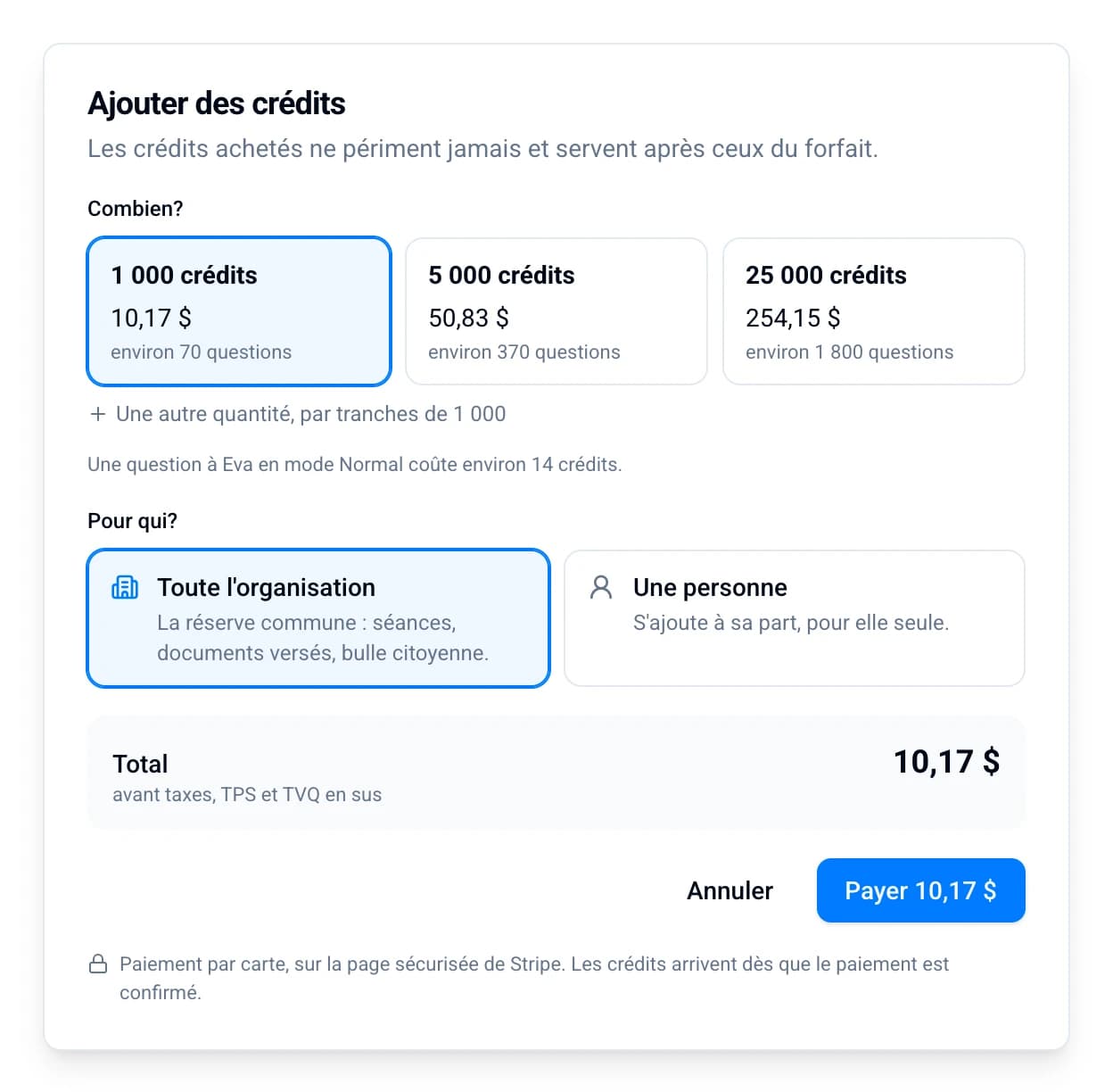 La fenêtre Ajouter des crédits, 1 000 crédits pour 10,17 $ pour toute l'organisation