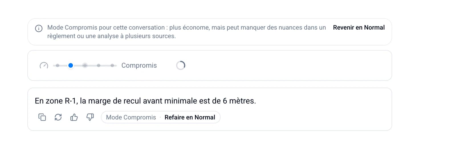 Une conversation en mode Compromis, la ligne qui le dit, l'échelle des modes et Refaire en Normal sous la réponse