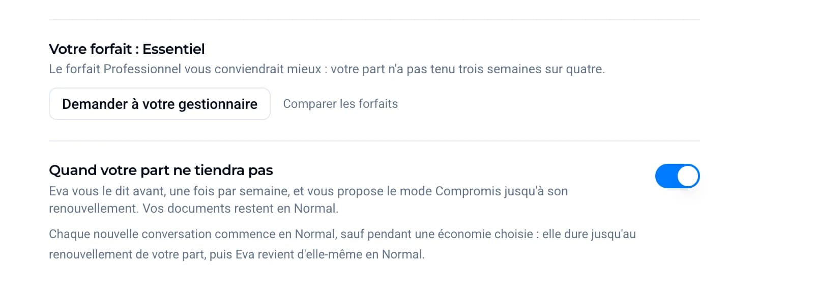 La section Votre forfait au bas de Personnalisation, dans Mon Eva